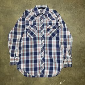 Vintage 70s Lariat Blue Plaid Western Pearl Snap Shirt